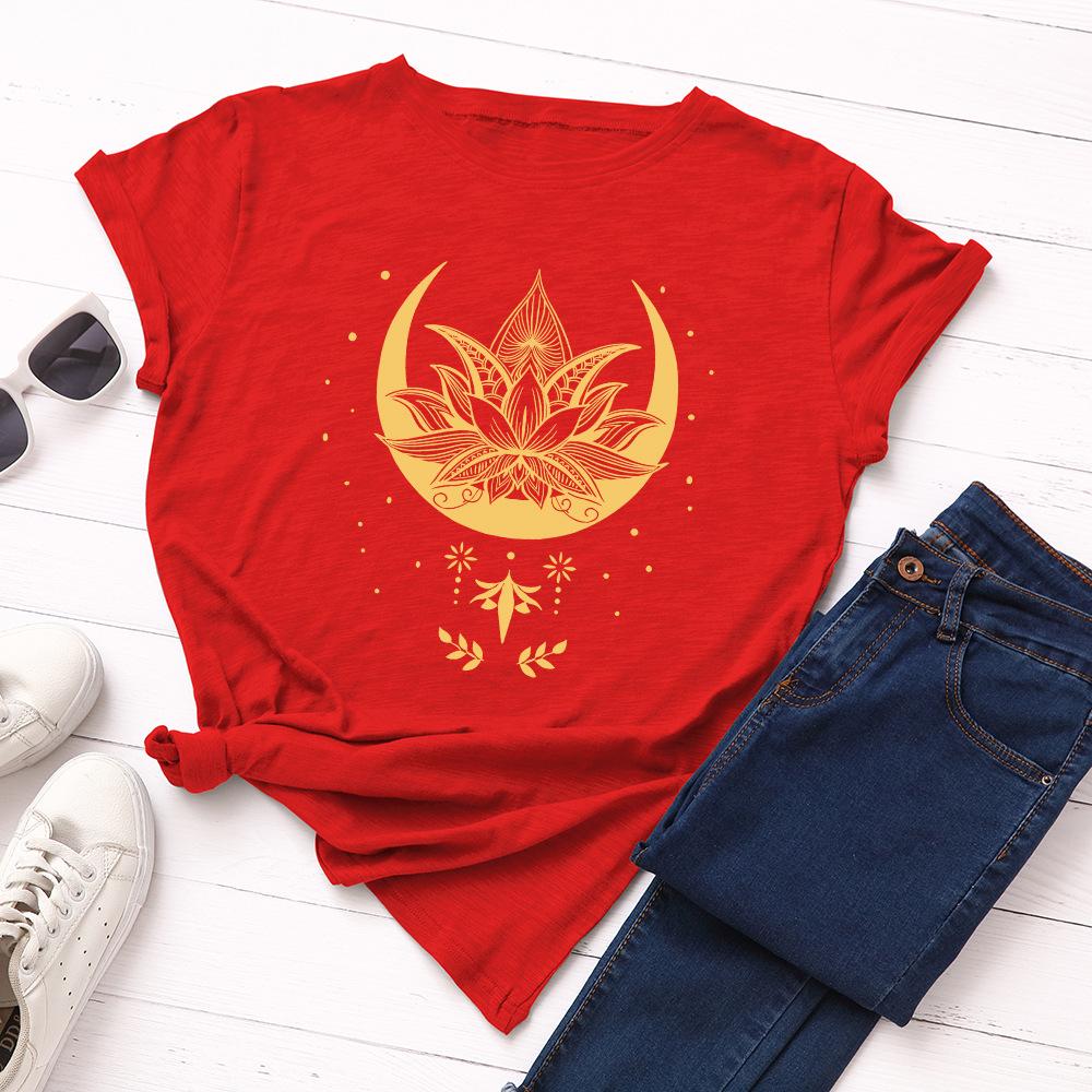 Creative Starry Sky Lotus Pattern Cotton Loose Round Neck Short Sleeved Women's T-shirts