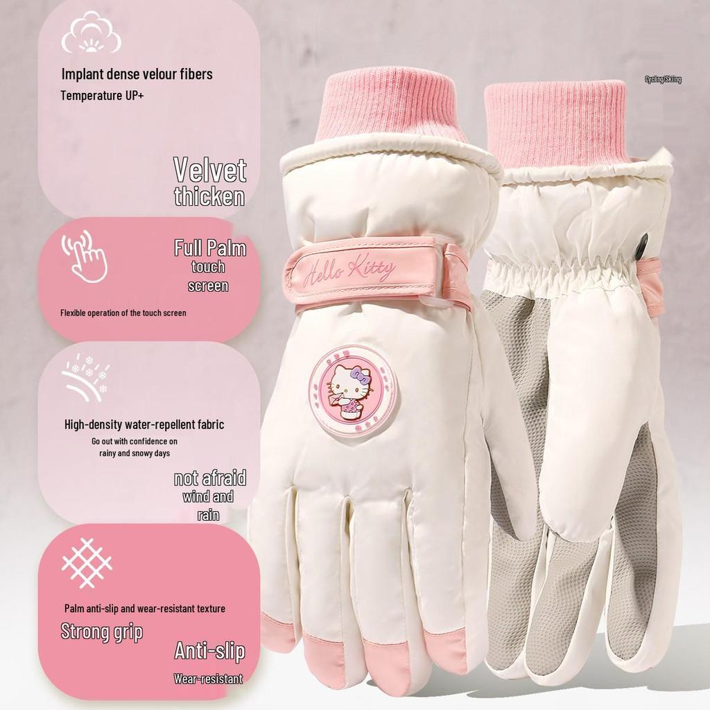 Sanrio Hello Kitty Women's Winter Ski Gloves - Thick Fleece, Warm Cotton, Touchscreen Compatible, Ideal for Riding & Cycling