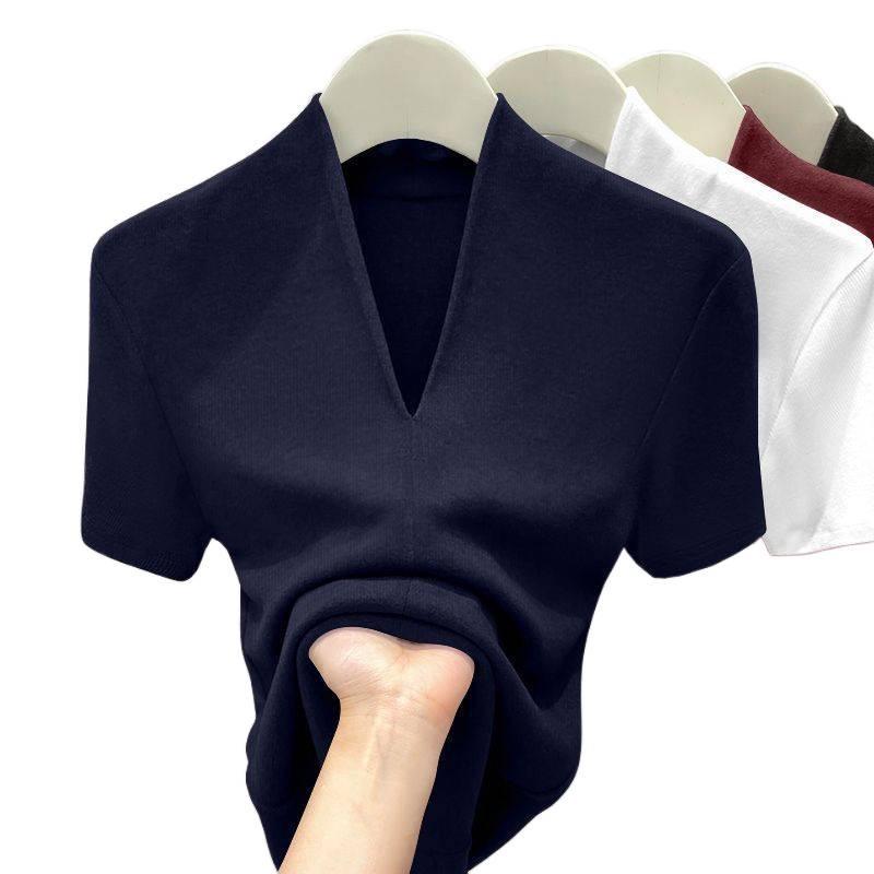 Sommer 2026 Schlankmachendes V-Ausschnitt T-Shirt: Stilvolles Kurzarm-Oberteil mit Gewinde für Damen in Einzel-/Zweiteilig