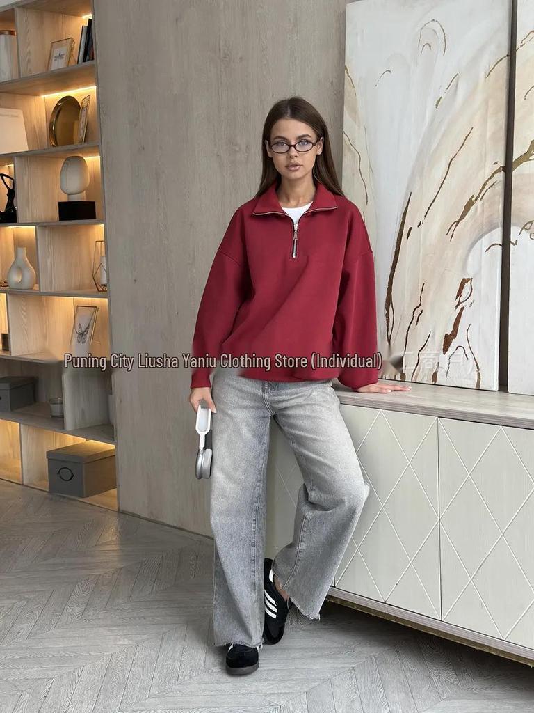 Women's Fashionable Solid Color Half-Zip Pullover Hoodie