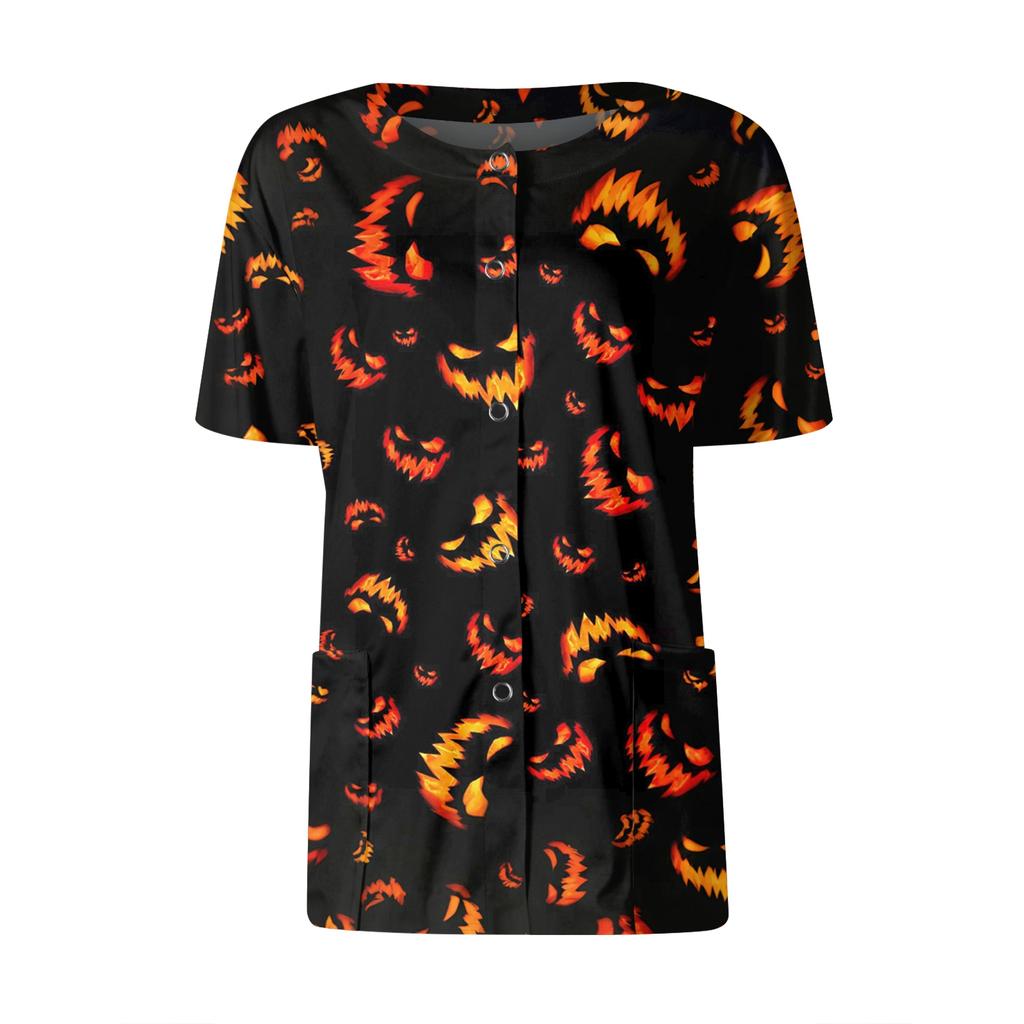 Women's Short Sleeved Patterned Pockets, Work Print Stand Up Collar, Single Breasted Protective Clothing, Cardigan Jacket, Top