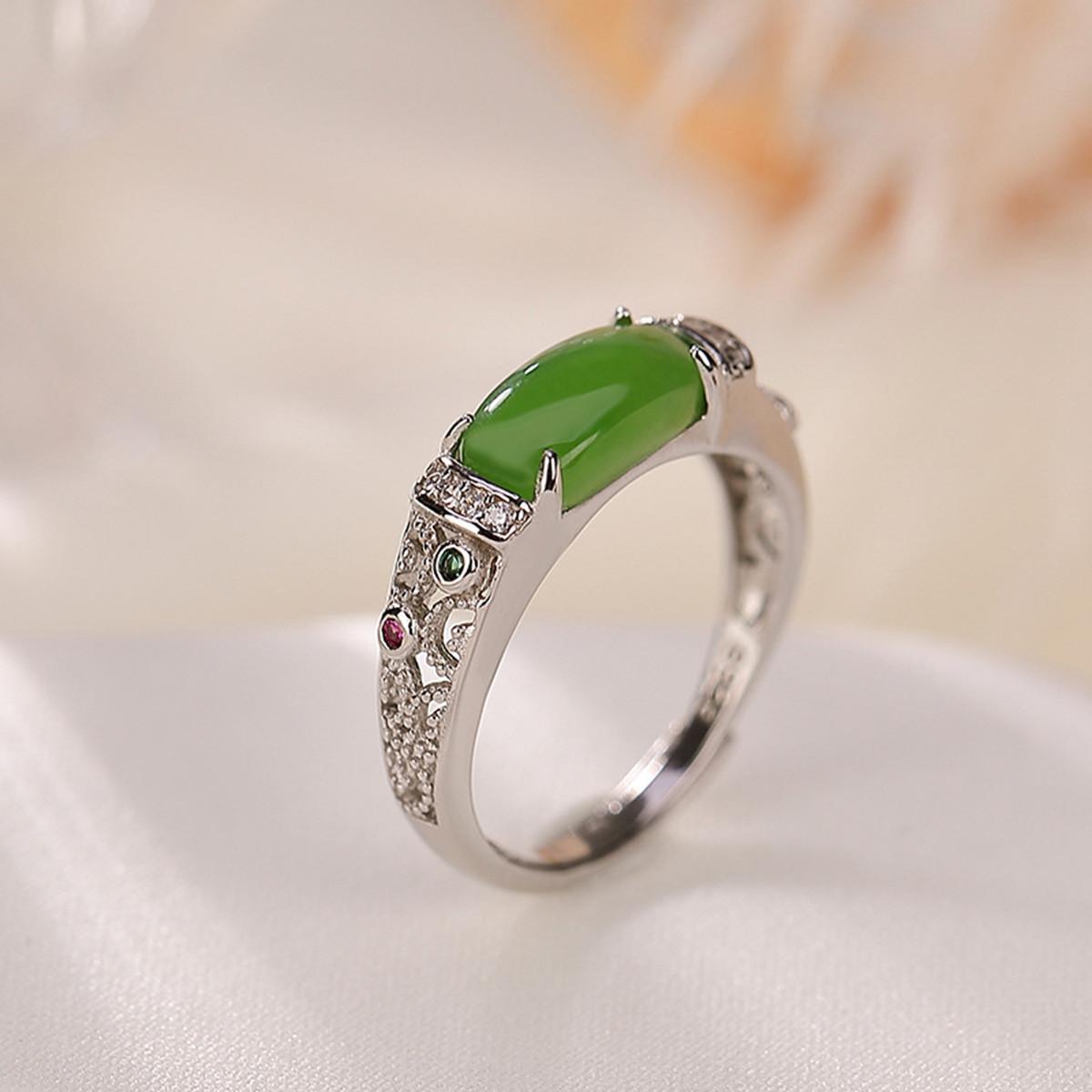 

925 sterling silver retro temperament Hetian jasper hollow index finger ring feminine sense national tide ethnic style ring 2026 Resizable