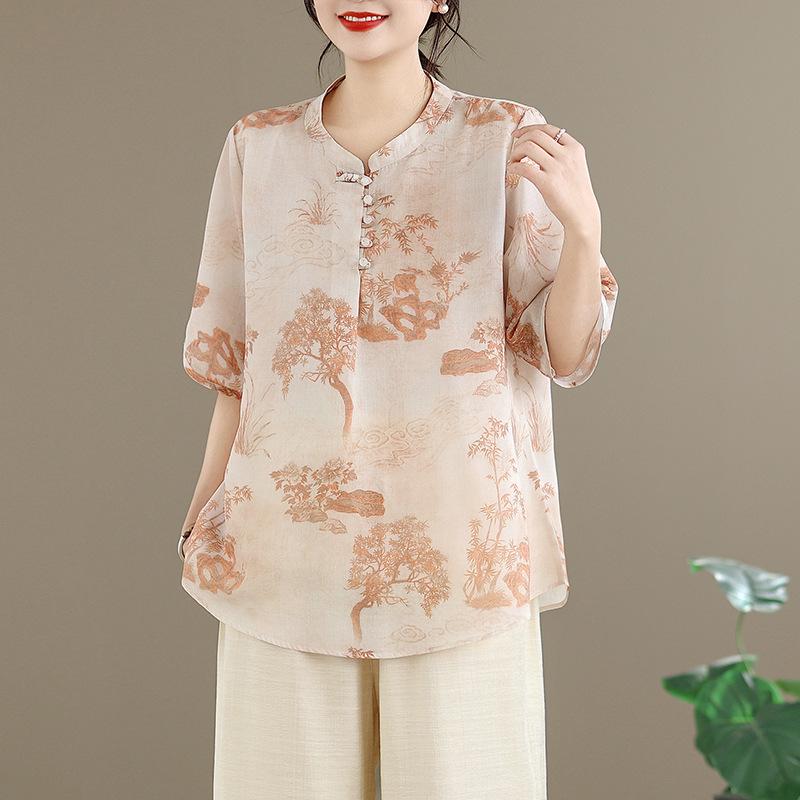 2026 New Chinese Style Women s Two-Piece Suit: Summer National Shirt & Pants Set XL