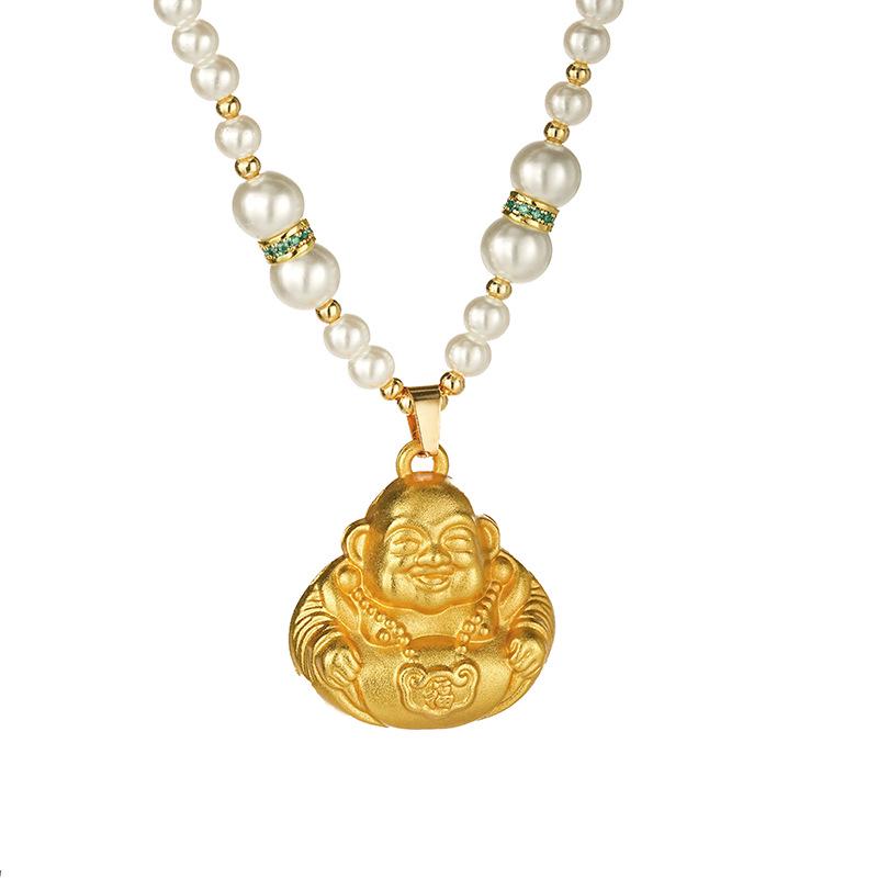 Gold Maitreya Buddha Necklace: Stylish Sand Gold Pendant Sweater Chain – Luxury Fashion Accessory for Women