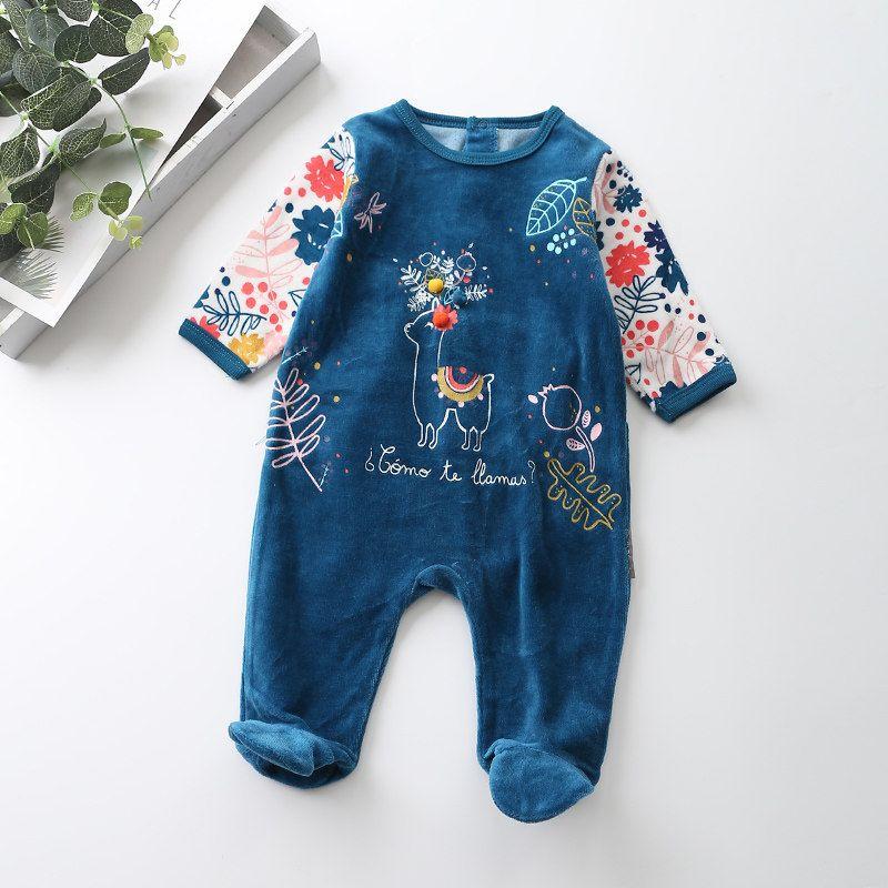 French-Style 6-36m Baby Spring and Autumn Velvet Whale Floral Back-Opening Footed Romper Infant Alpaca One-Piece Crawling Suit