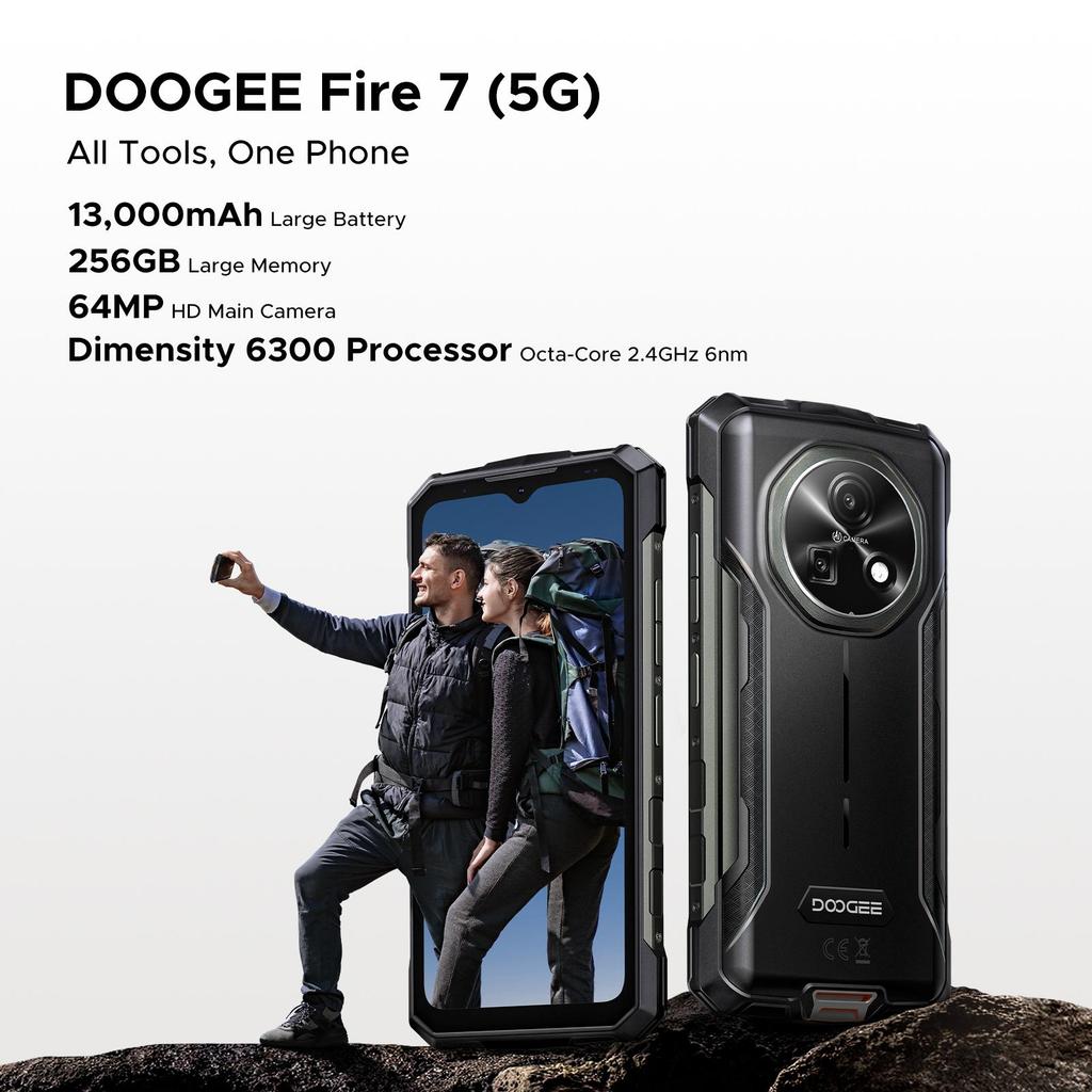 DOOGEE Fire 7 Rugged Smartphone 5G, Android 15, 13000mAh/18W, 16GB+256GB/2TB, 6.6” HD+ 90Hz Octa-Core Android Phone, 64MP+16MP