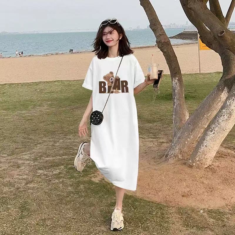 Women's Short-sleeved Dress Summer Loose Slit  T-shirt Dress French Loose Dress