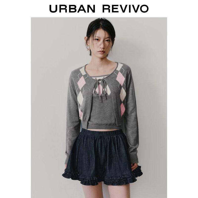 UR2026 Women s Faux Two-Piece Diamond Knit Cardigan M