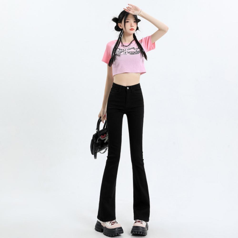 

Американский тренд микро-клеш джинсы с высокой посадкой женские новые весенне-осенние облегающие корейская версия тонких драпированных брюк 2XL чёрный