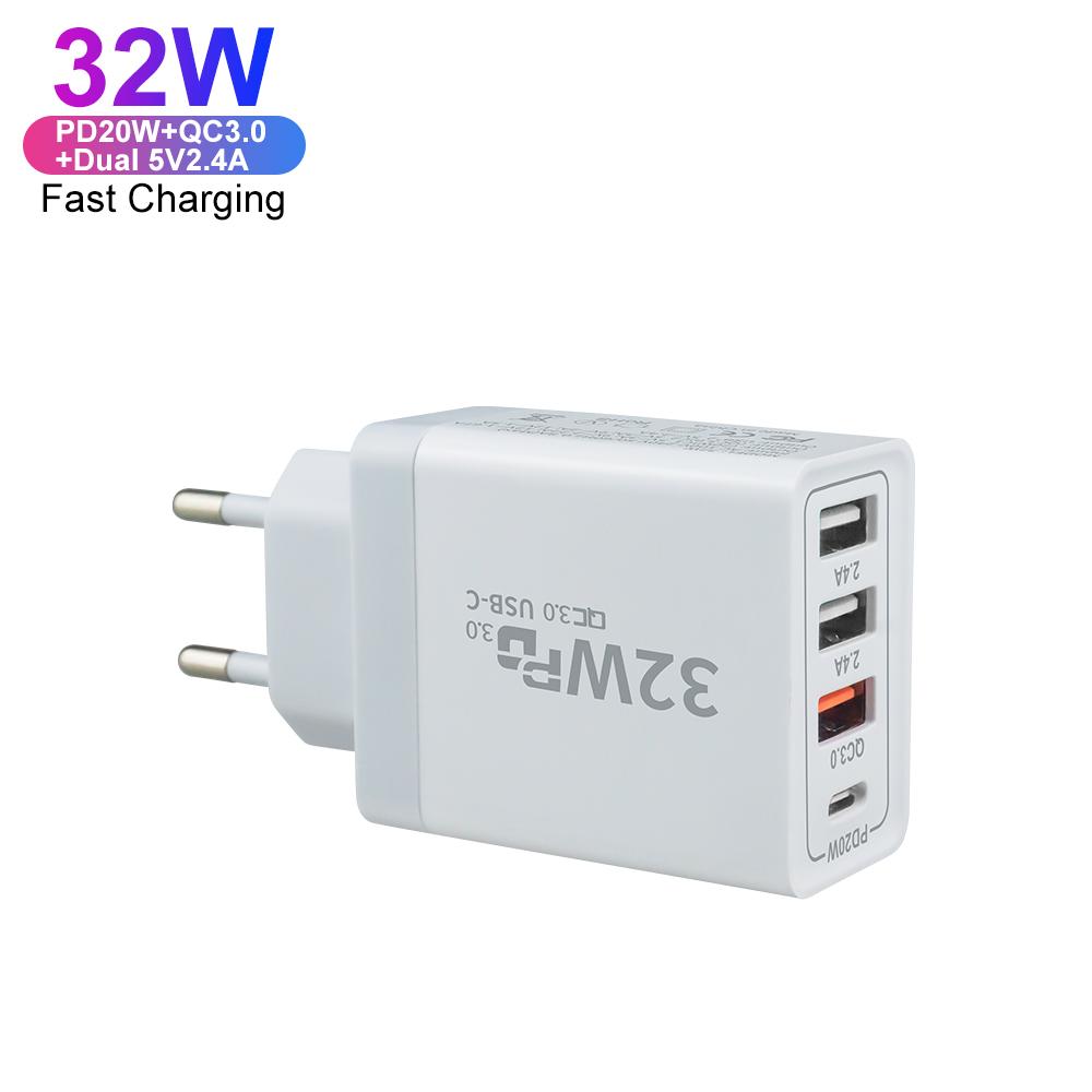 EU US Plug PD QC3.0 4 Port Charger 20W Charger Type C USB C Fast Charger Type-C Fast Charging Adapter for Apple IPhone Android