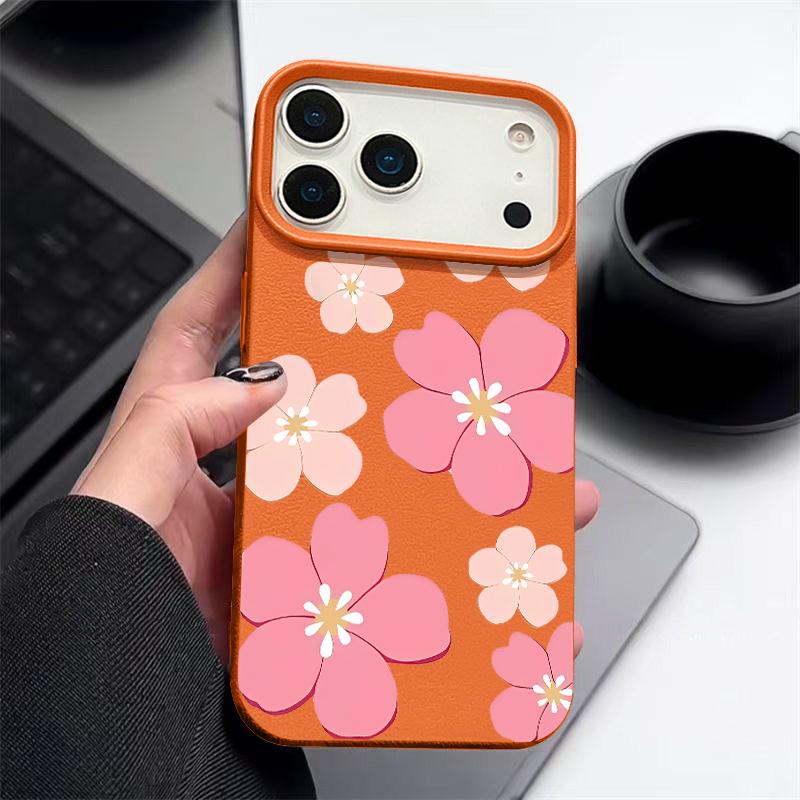 Fresh Style Cherry Blossom Pattern Case For iPhone 17 Pro Max Leather Texture Soft Silicone Cover For iPhone 16 15 14 13 Pro 12 11 16E Air