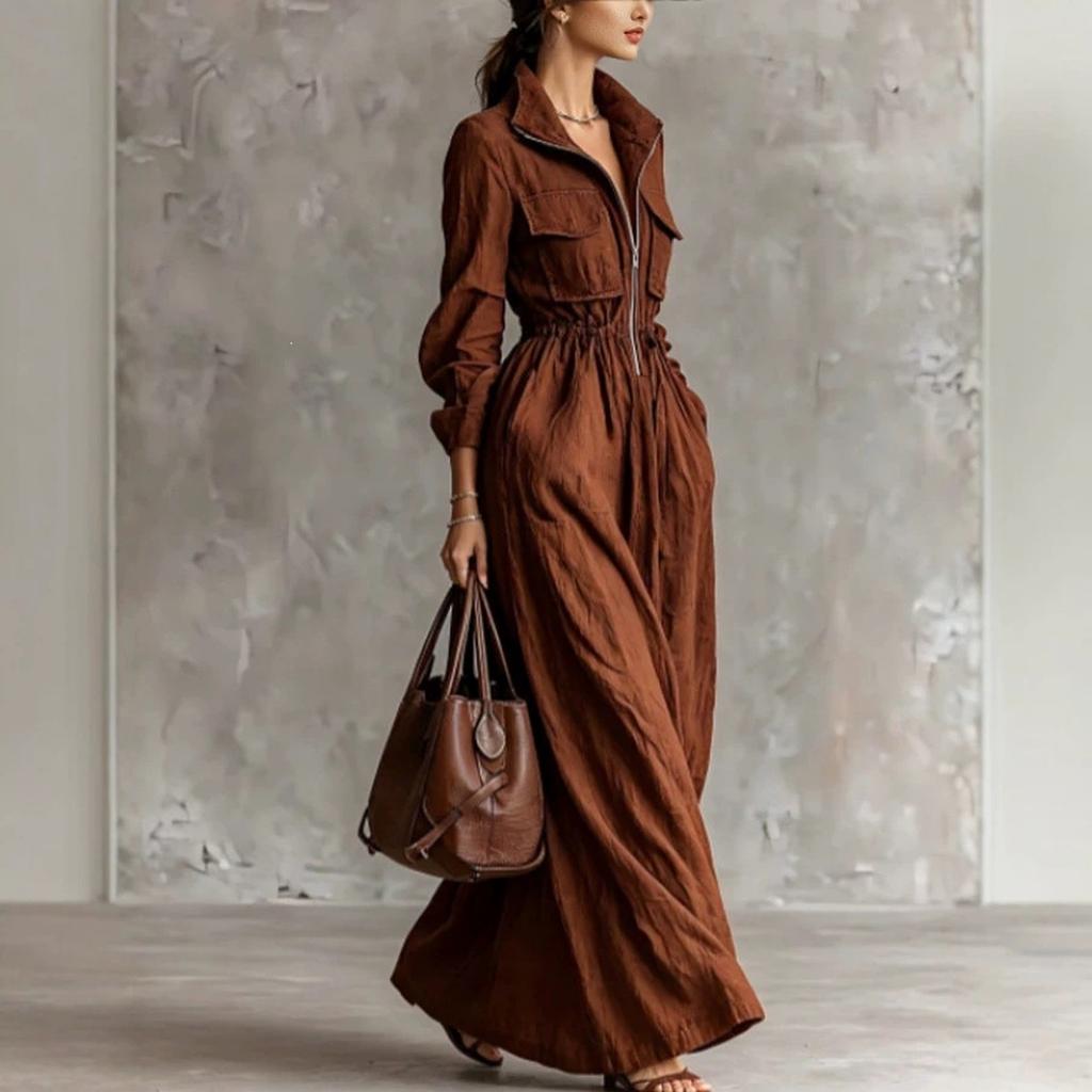 Women's Long Dress with Zipper Front, Lapel Collar and Elastic Waist for Everyday Wear
