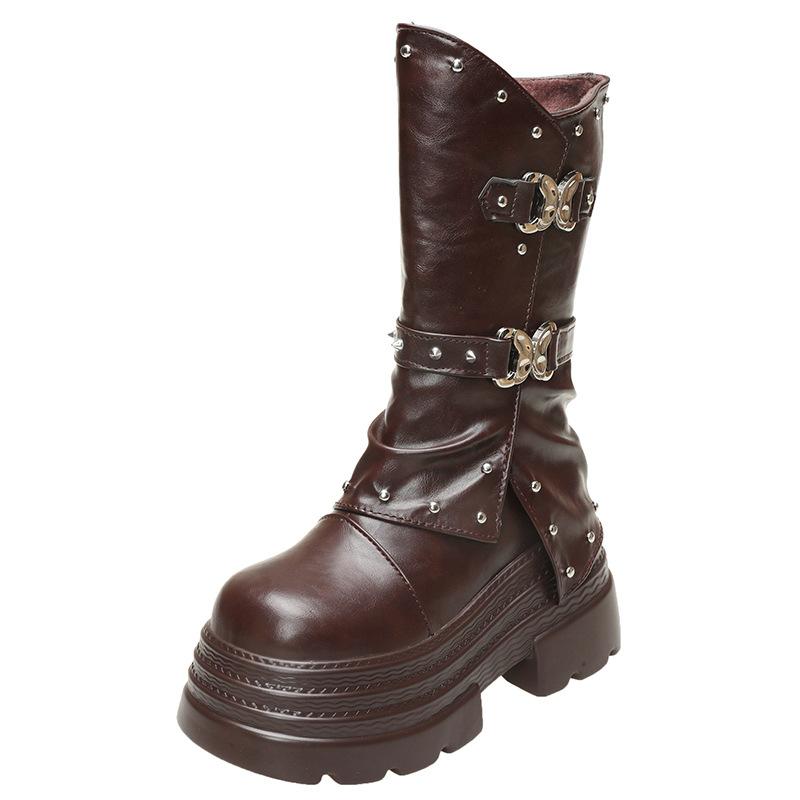 10cm Ultra-high Women's Platform Boots High Quality Leather Short Boots Women's Retro Design Rivet Knight Boots Botas Para Mujer