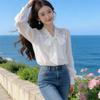 French Style Women White Bow Lace Blouse Long Sleeve Lace Trim Bow Tie Casual Elegant Shirt