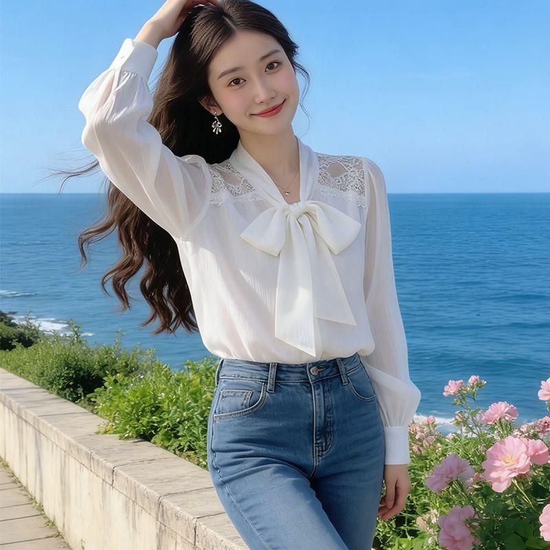 French Style Women White Bow Lace Blouse Long Sleeve Lace Trim Bow Tie Casual Elegant Shirt