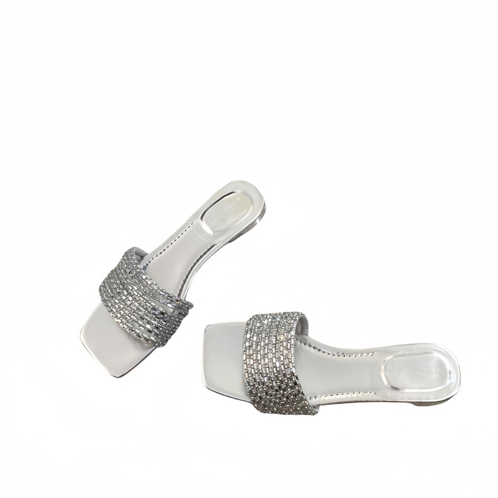 Square head open-toed solid color rhinestone thin belt low-heeled versatile fairy wearing flat-bottomed cool slippers