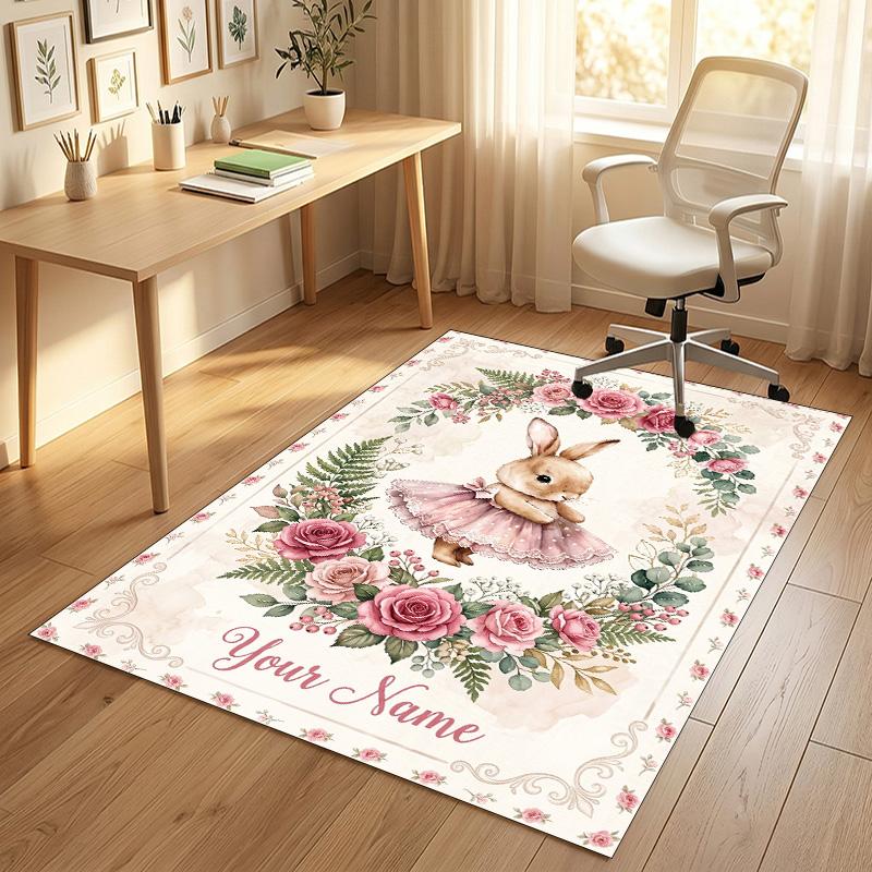 Easter Bunny Theme Crystal Velvet Rug Personalized Custom Name Text Soft Floor Mat Home Decor