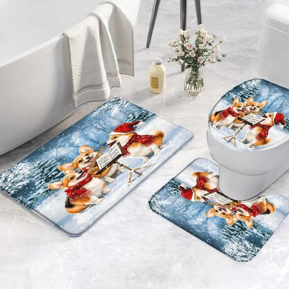Set di 3 Tappetini da Bagno Natalizi Pupazzo di Neve Babbo Natale Scena Invernale con Neve Rosa Regalo Festivo Tappetino da Bagno Copri WC Decorazione Bagno
