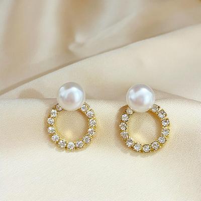 Korean Style Rhinestone Circle Pearl Women's Stud Earrings – Elegant Daily Wear