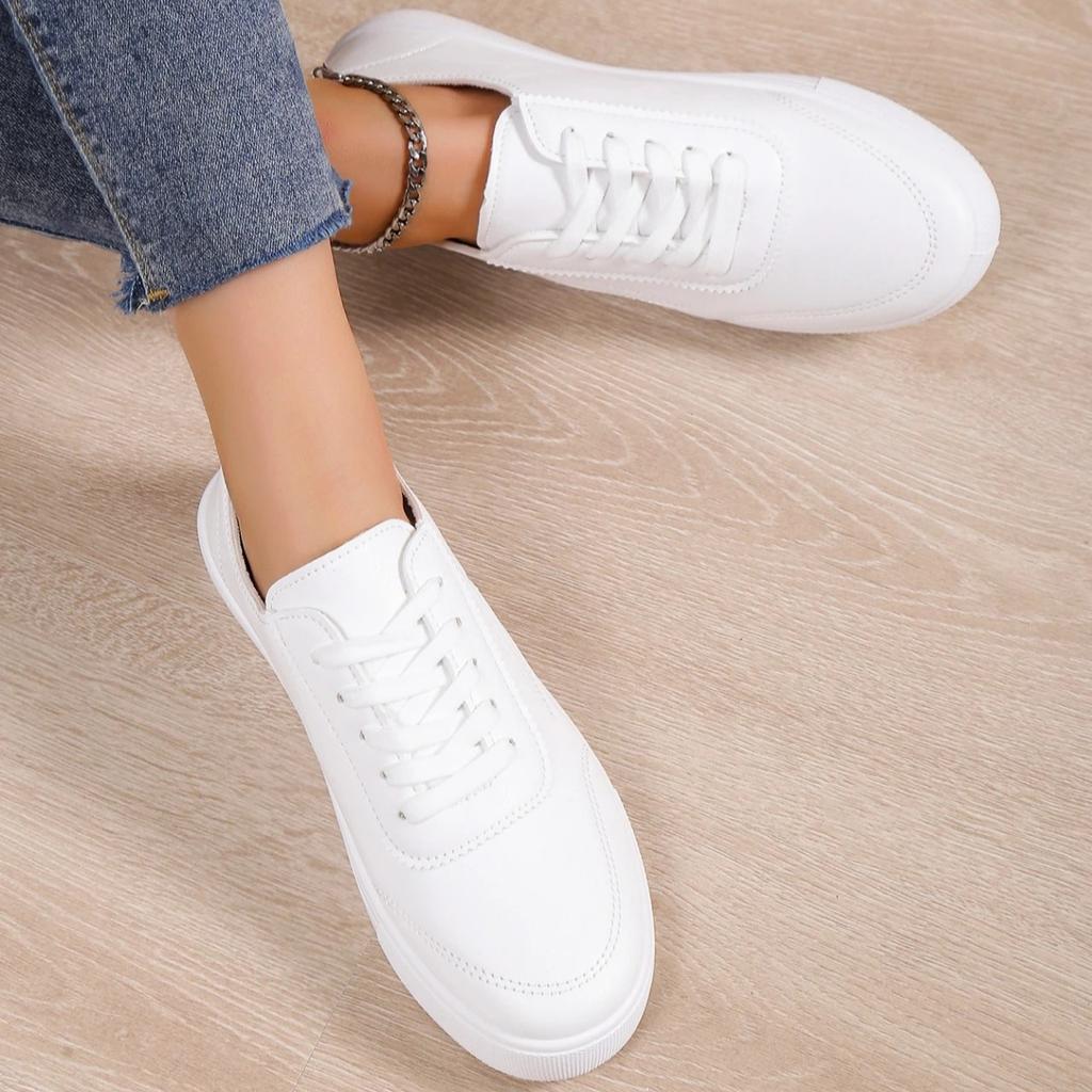 Women Leather Pu Casual Shoes Woman Shoes New Fashion Platform White Shoes Sneakers Breathable Lace-Up Women Sneakers 8789