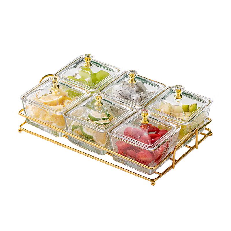 

Nordic Square Divided Glass Serving Platter with Gold Stand & Lid
