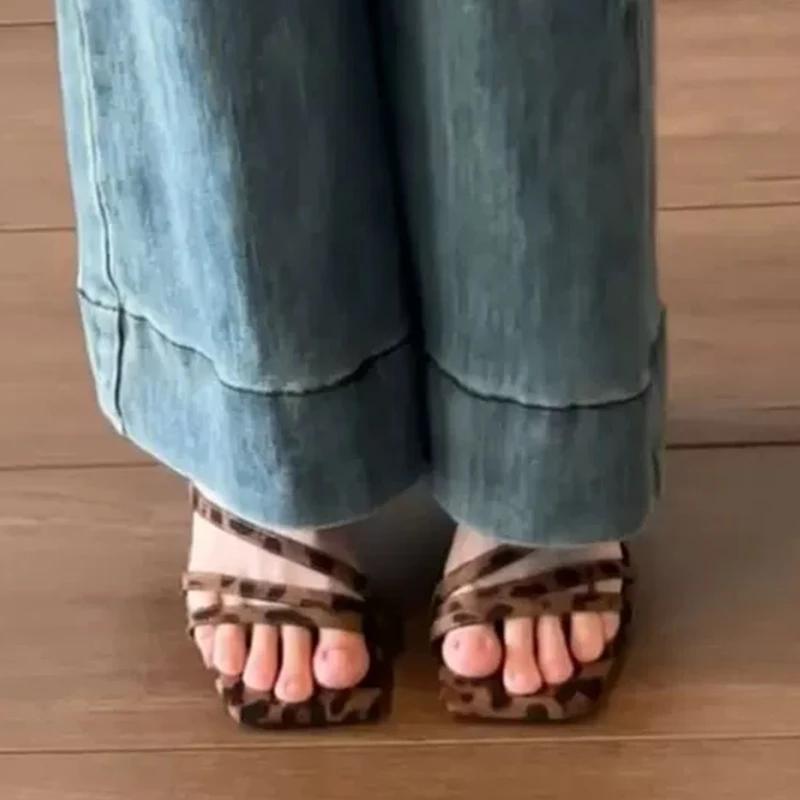 Fashion Leopard Women Slippers Mid Heels Summer Shoes 2024 Designer Beach Dress Flip Flops Walking New Casual Pumps Cozy Femme Slides