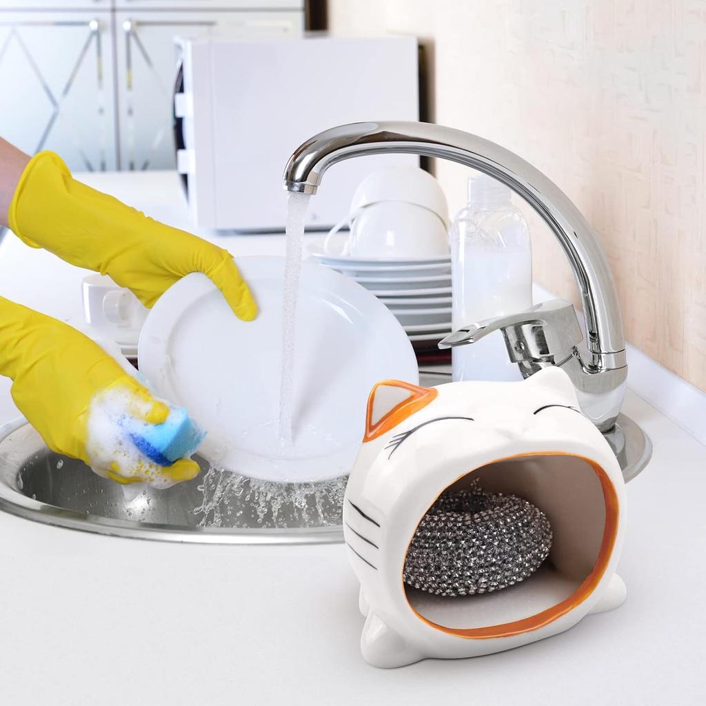Sponge Holder for Kitchen Cute Ceramics Kitchen Sink Caddy, Sink Sponge Rack Kawaii Cartoon Kitchen Dish Sponge Organizer Suitable for Kitchen