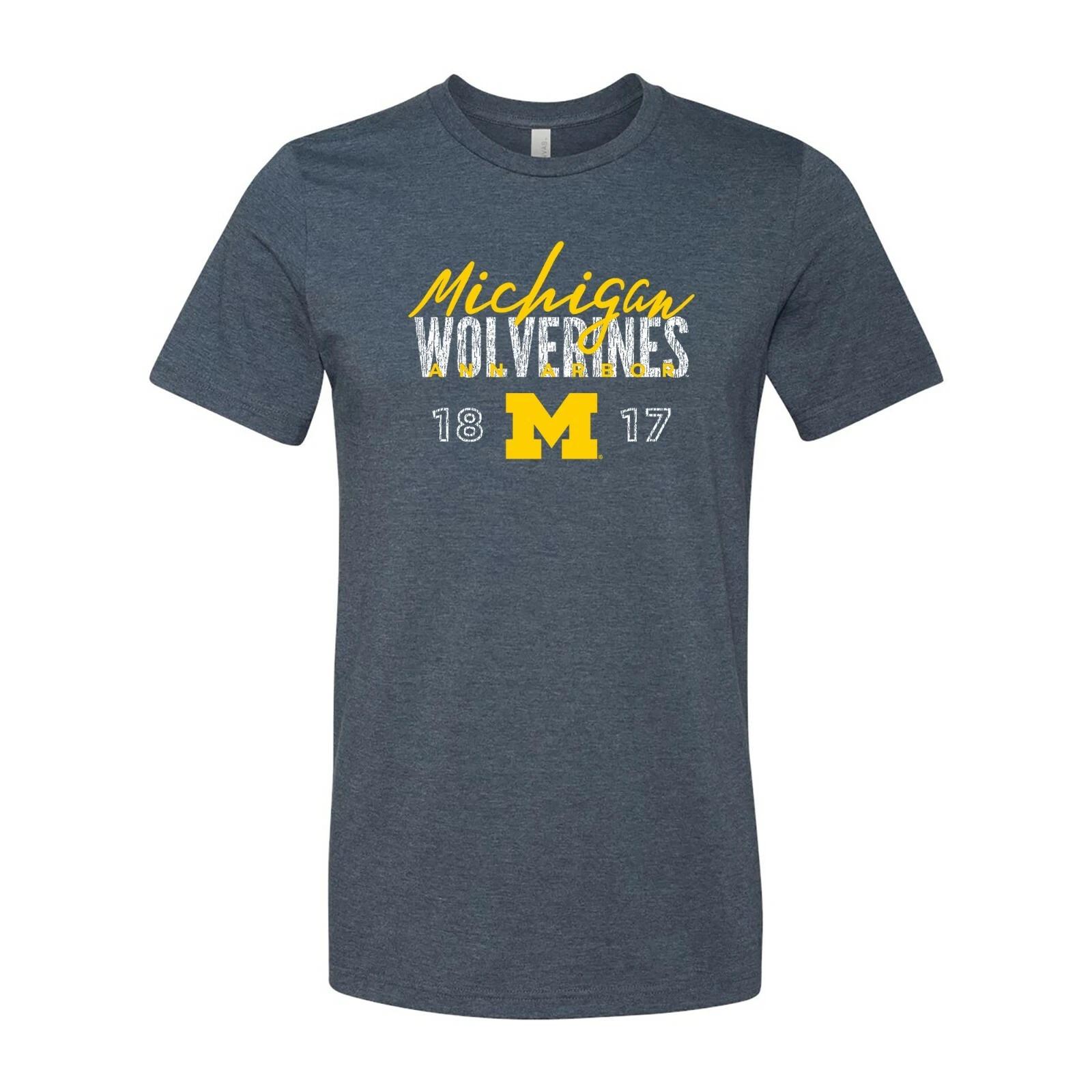 Michigan Wolverines Dist Block Script Logo T-Shirt - Heather Navy 4XL