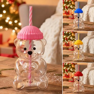 Bear Sippy Cup with Lid And Straw Cute Bear Design Glass Tumbler for Juice Milk Tea Smoothies Microwave Safe Beverage Cup for Kids And Adults
