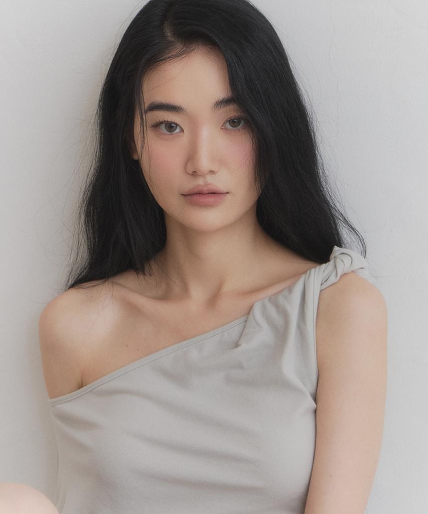 Seuteulaipeumagalin Drape Shirring One-Shoulder Slim Short Sleeve Light Gray
