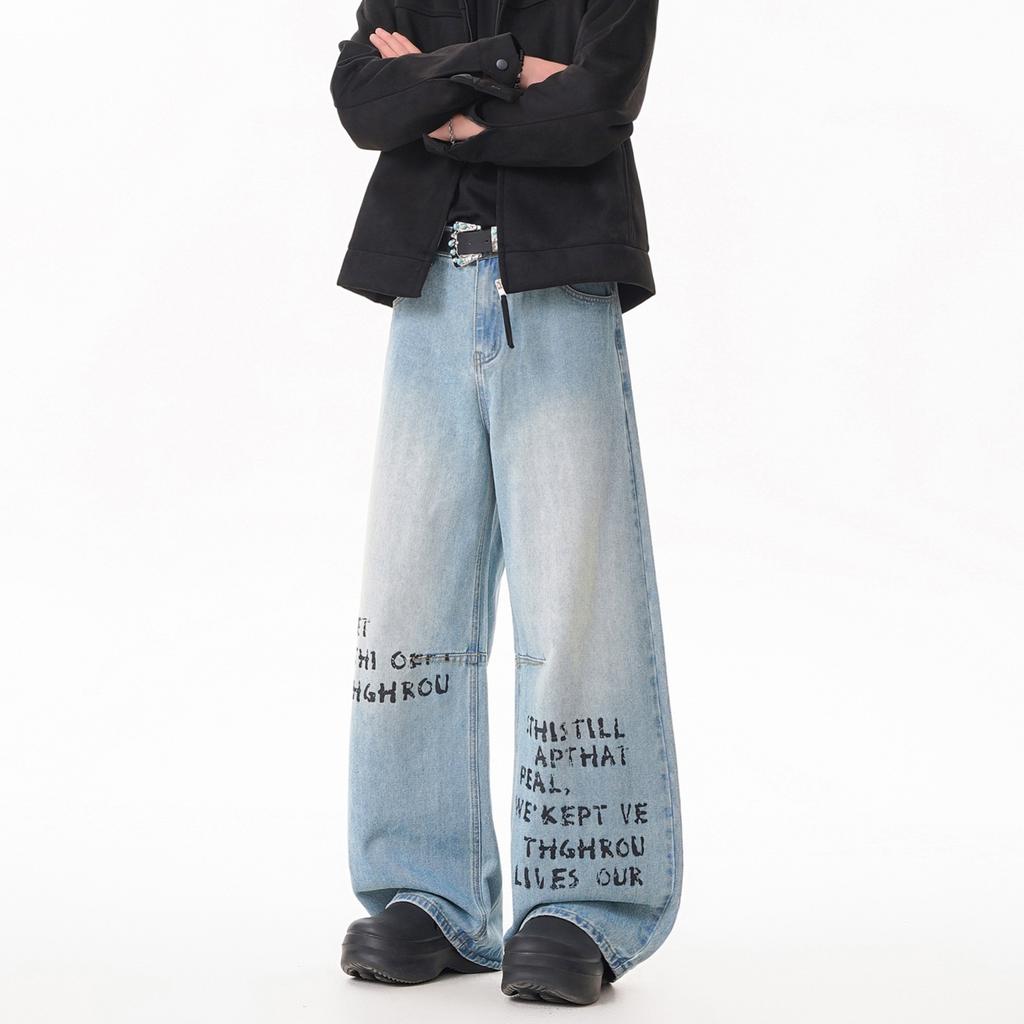 American retro letter print design scimitar jeans men's loose wide legs lazy baggy casual trousers