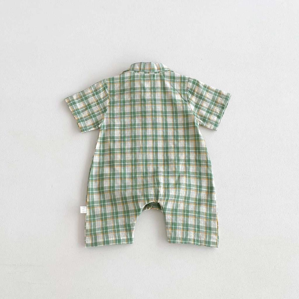 Summer Boys Plaid Short Sleeve Romper - Stylish Korean Style Crawling Suit for Infants