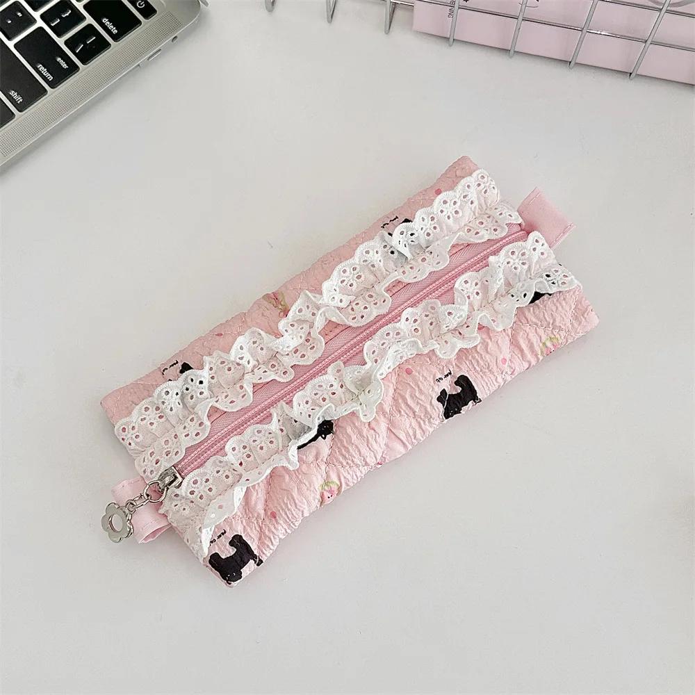 Cute Lace Ruffle Pencil Case for Kids Girl Sweet Cartoon Makeup Brush Organizer Large Capacity Soft Fabric Stationery Storage