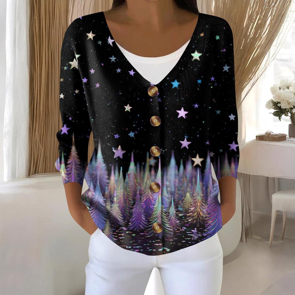 Women's Fashion Long Sleeve Christmas Snowman Snowflake Print Jacket Cardigan