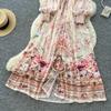 French Romantic-Style Printed Long-Sleeve Dress for Women Autumn V-Neck Puff Sleeves Elastic Waist A-Line Elegant Long Maxi Dress