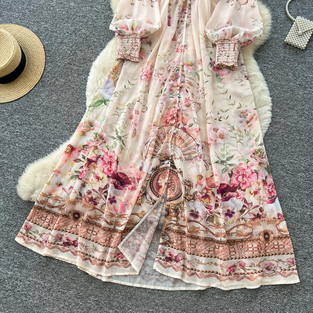 French Romantic-Style Printed Long-Sleeve Dress for Women Autumn V-Neck Puff Sleeves Elastic Waist A-Line Elegant Long Maxi Dress
