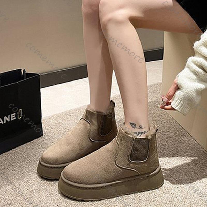 Fashion Comemore Winter Women Short Plush Warm Snow Boots Casual Shoes Suede Fur Chelsea Ankle Boots Flats Platform Ladies Shoes Botas