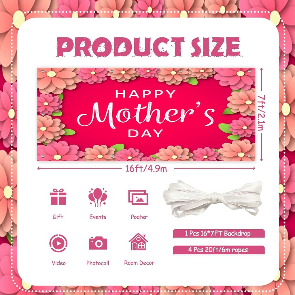 CSFOTO 7x16ft Happy Mother's Day Garage Door Decorative Banner Floral Wall Pink Background Large Garage Door Cover Outdoor Indoor Mother's Day Party
