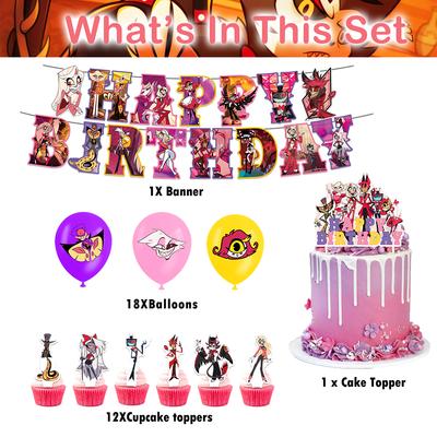 New 32PCS Hazbin Hotel Party Supplies Including Balloons, Cake Toppers, a Banner