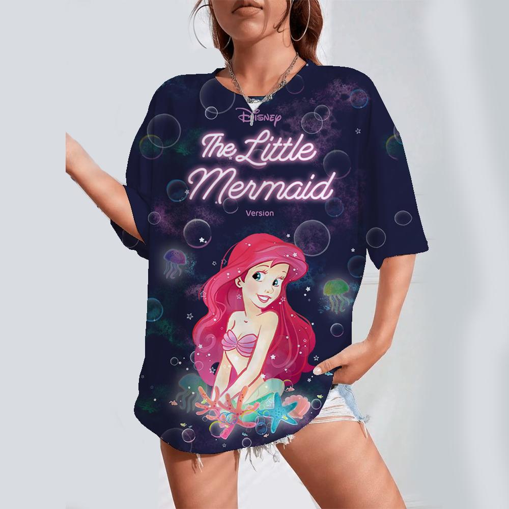 2025 Cartoon Printed Women's T-shirt Disney Princess Printed Summer Short sleeved T-shirt Harajuku Casual Round Neck Top