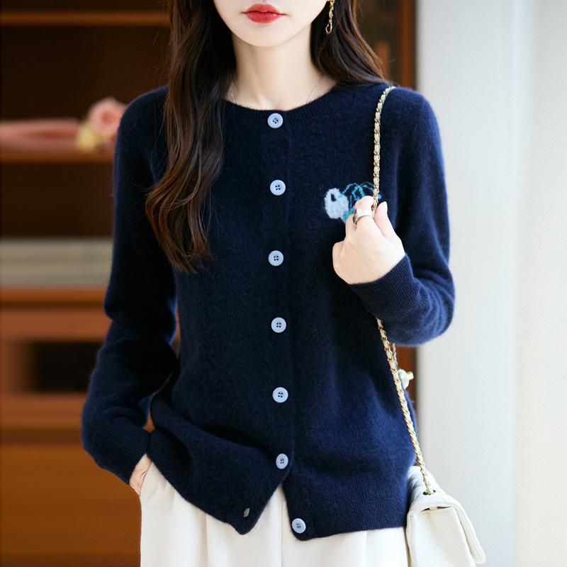 Cherry Embroidery Women's Wool Cardigan: Age-Reducing, Round Neck, Autumn/Winter Casual Knit Sweater Coat Design.