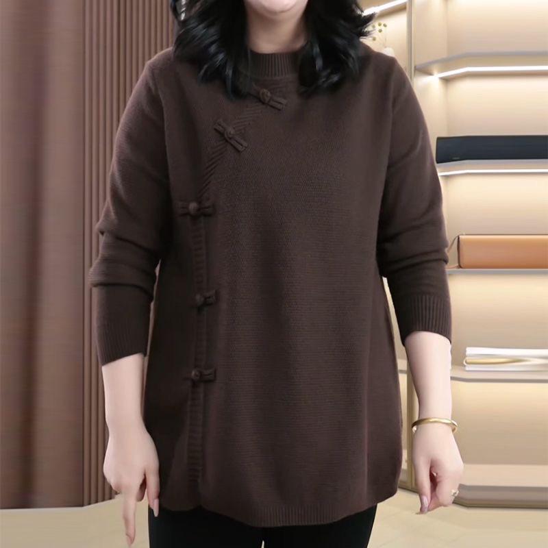 Warm Knitted Plus Size Round Neck Sweater for Middle-Aged & Elderly Women - Fashionable Autumn/Winter Top