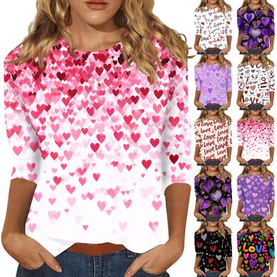 Women's Fashionable Casual Three,quarter Sleeve Heart,shaped Printed Round,neck Top