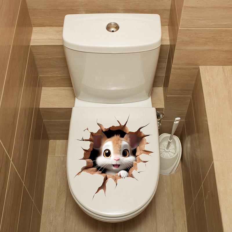 Self-adhesive 3D Cartoon Mouse Breaking Wall Toilet Sticker Waterproof for Bathroom Toilet Seat Decor
