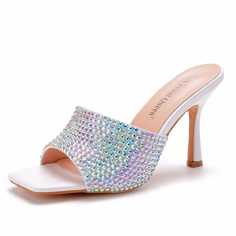 Fashion Summer Pearl Water Diamond 9cm Square Head High Heel Slippers Fashion Fish Mouth Wine Glasses Temperament Beaded Shallow Sandals