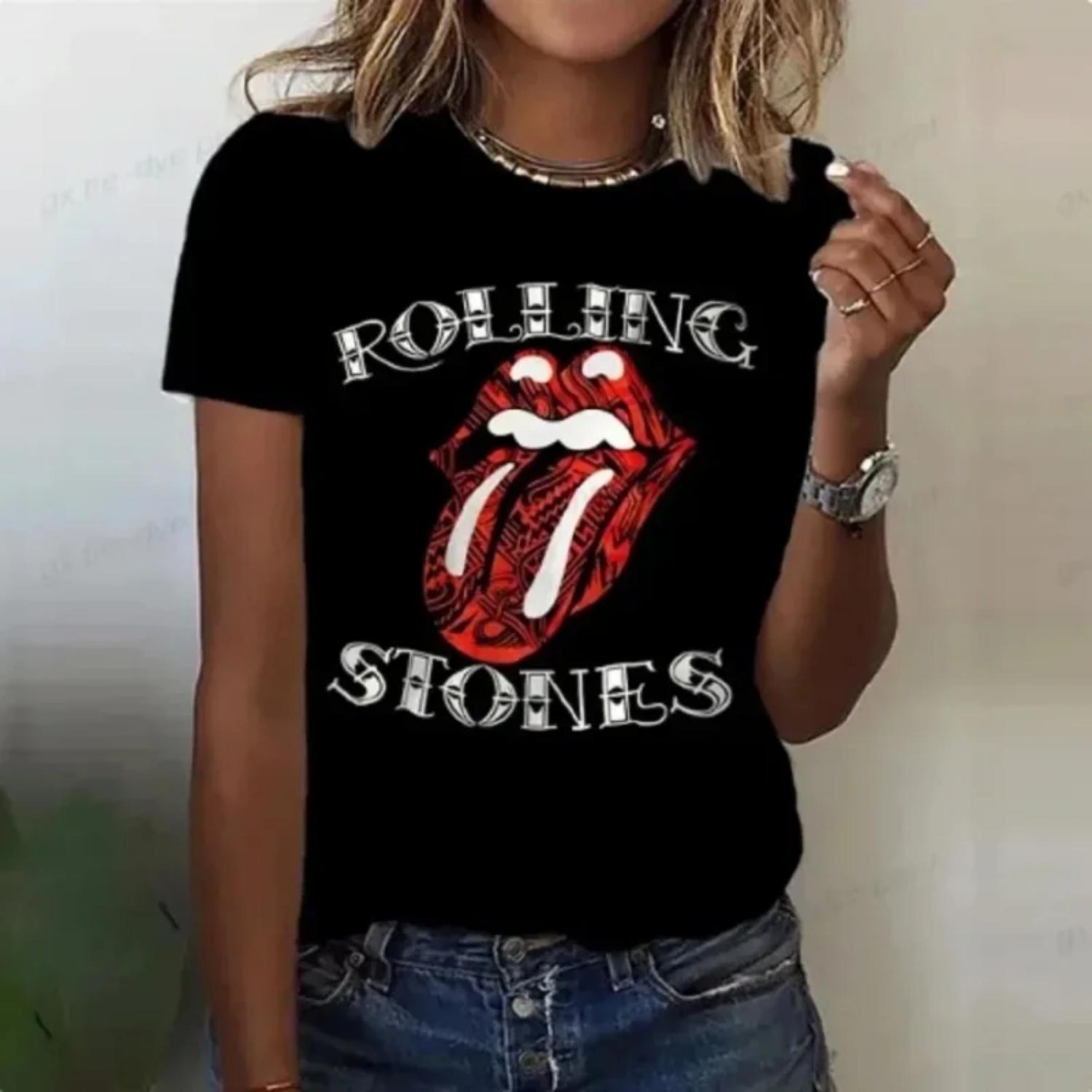 

New Fashion Rolling Stones Harajuku Fun Printed Plus Size Women s T-Shirt Short Sleeve Round Neck Red Funny Cute T-Shirt XXXXXL чорний