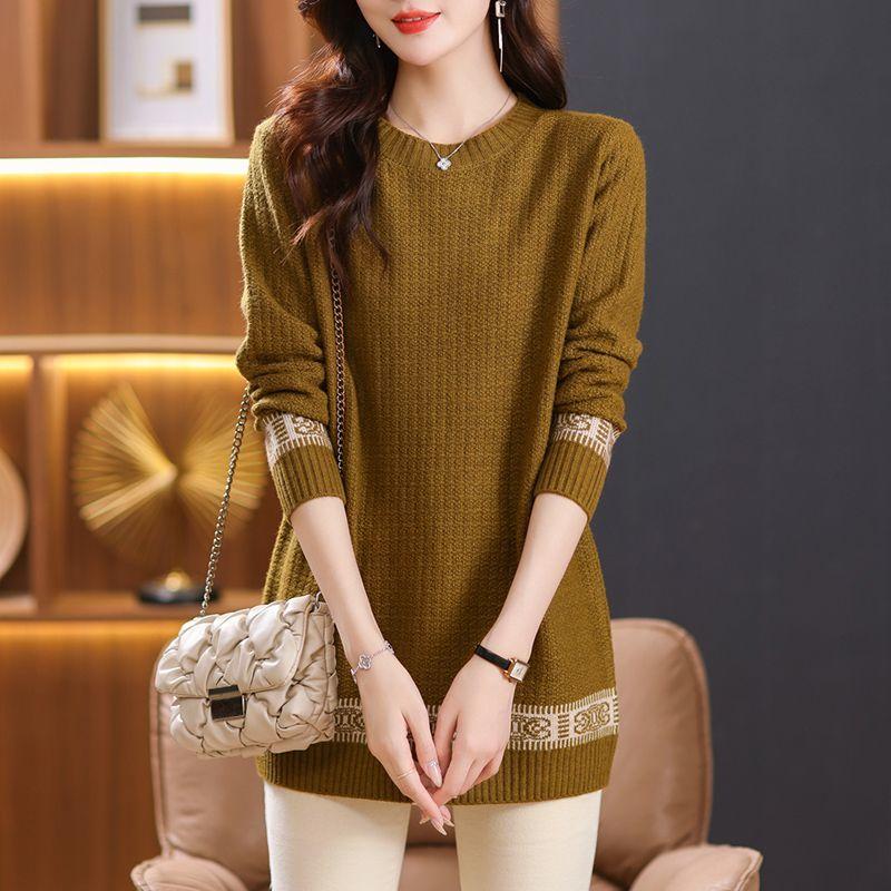Mid-length Sweater Women's Autumn and Winter Loose Large-sized Pullover Top Versatile Round-neck Long-sleeved Knitted Sweater