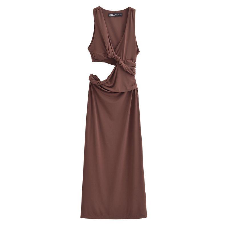 

Kaslead New Arrival Women s Fashion Style Silm Cropped Shoulder Strap V-neck Dress Long Dress 3152347 Brown L