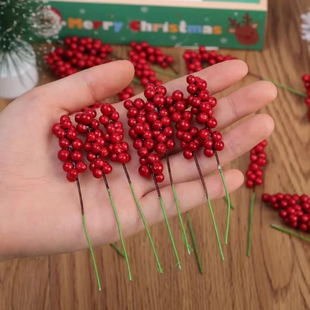 30PCS Flexible Wire Stem Artificial Berry Picks Red Color Red Berry Stem  Christmas Tree Decor
