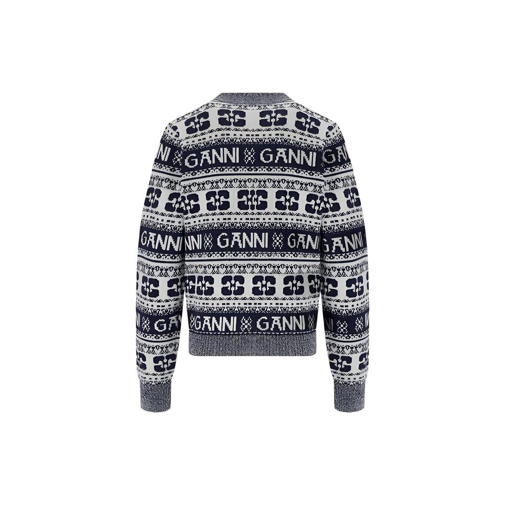 GANNI Knitted Jacquard V-Neck Long Sleeve Button Sweater Women sweater Blue K2093-683
